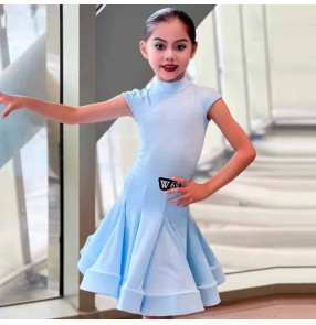 Girls kids blue pink navy competition ballroom latin dance dresses salsa rumba chacha stage performance dance wear for children
